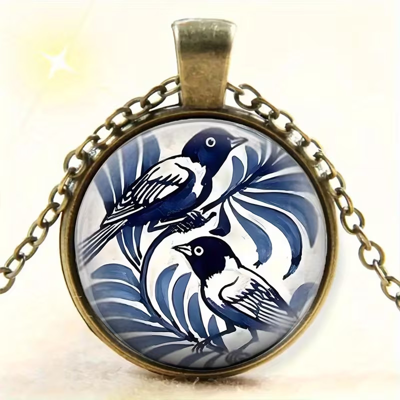 Blue & White Bird Round Pendant Necklace Fashion Jewelry Bronze Toned Gift