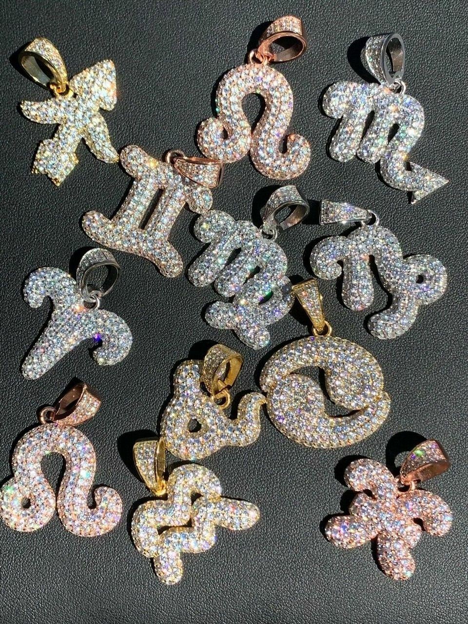 Solid 925 Silver Gold Plated Iced Bubble CZ Zodiac Astrology Sign Pendant HipHop