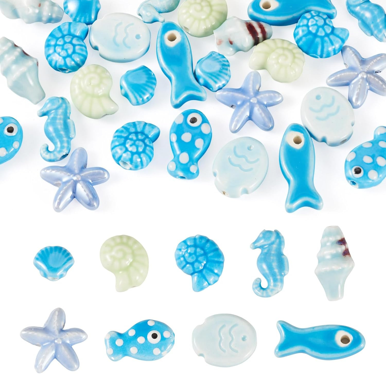 36Pcs Summer Beach Theme Porcelain Beads Blue Shell Starfish Fish Sea Horse Conc