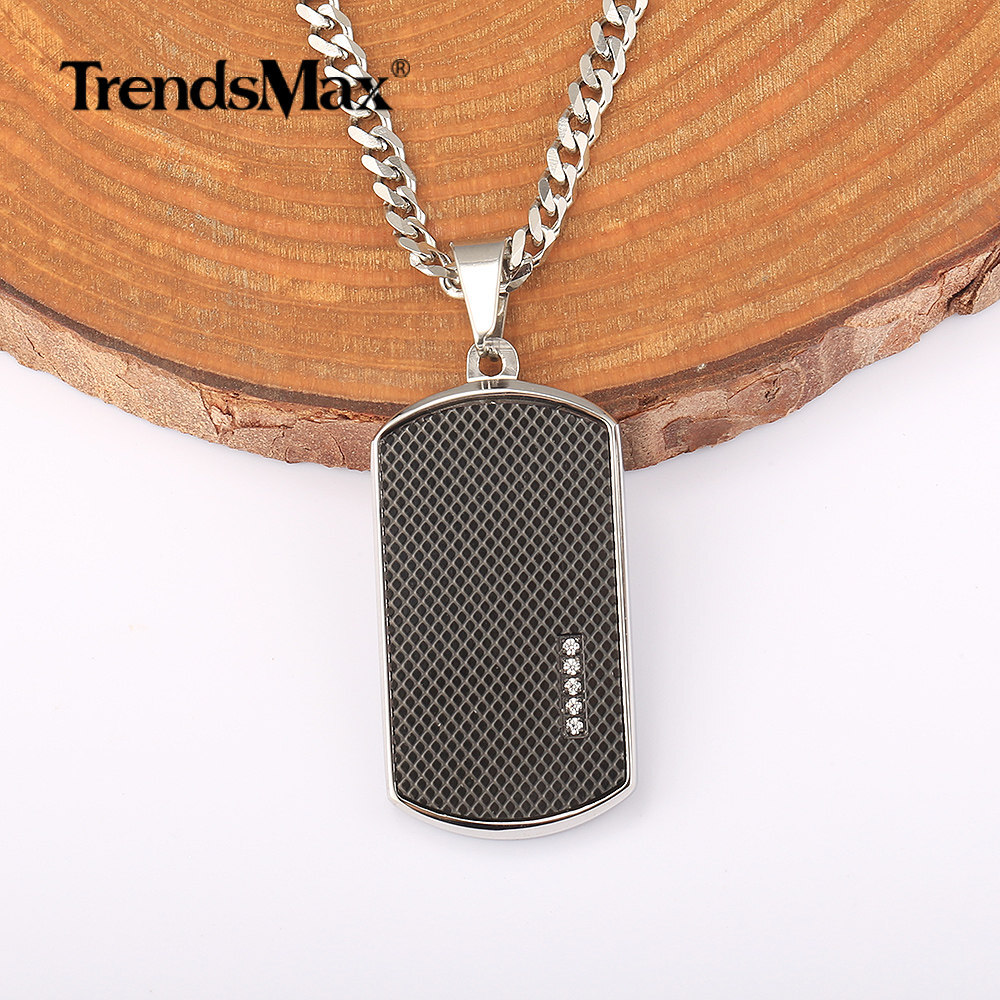 Men’s Stainless Steel Black Dog Tag Pendant Necklace with Bling CZ Bead Jewelry