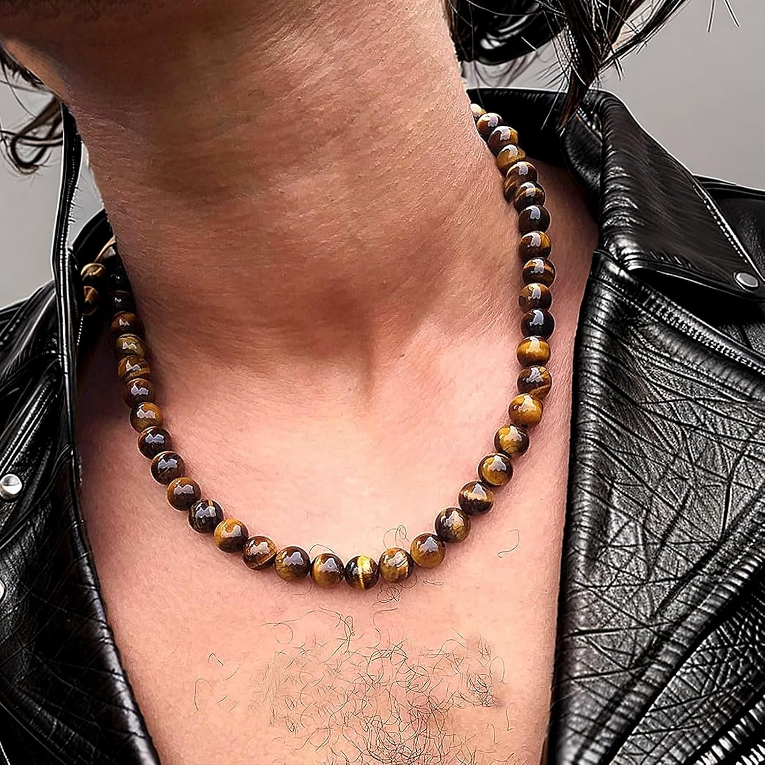 8MM Natural Tiger Eye Lava Stone Beaded Choker Necklace Genuine Gemstone Anxiety