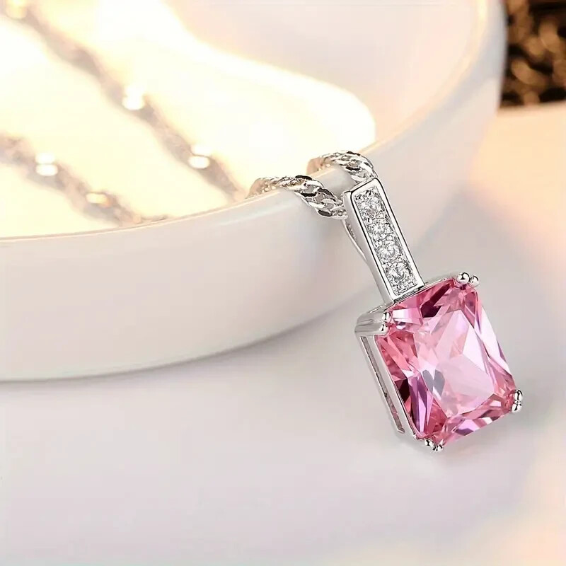 NEW PRETTY SILVERTONE CHAIN PINK STONE AND FAUX DIAMOND SQUARE PENDANT NECKLACE