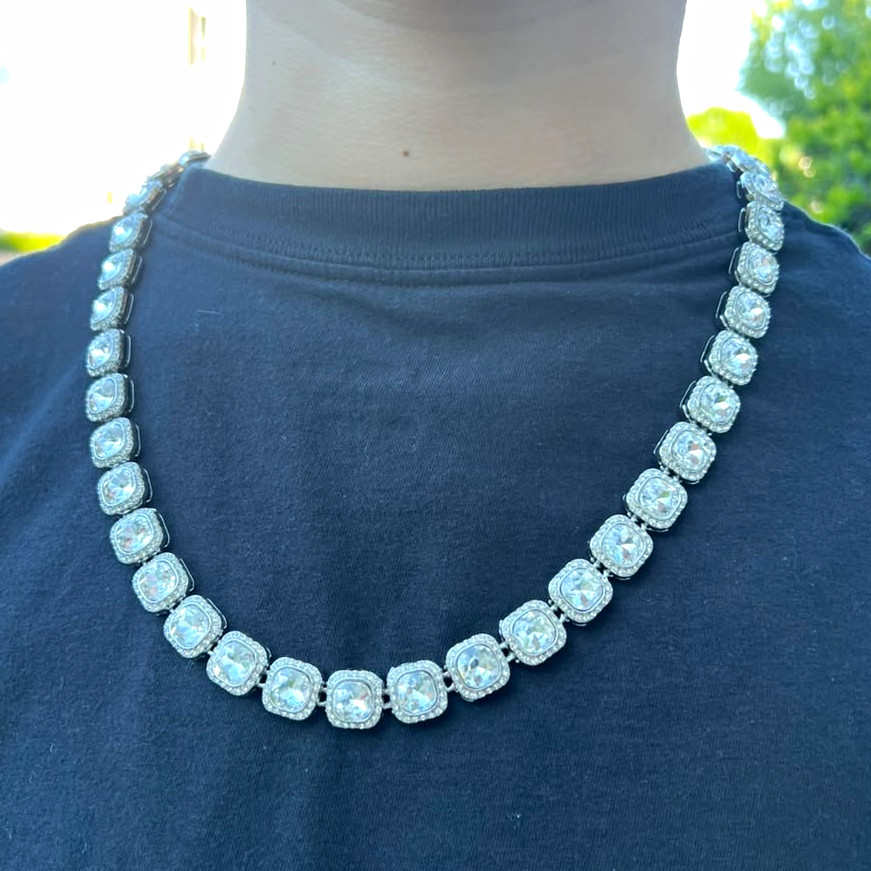Silver-Tone Simulated Diamond Rhinestone Tennis Chain Necklace Prong Set
