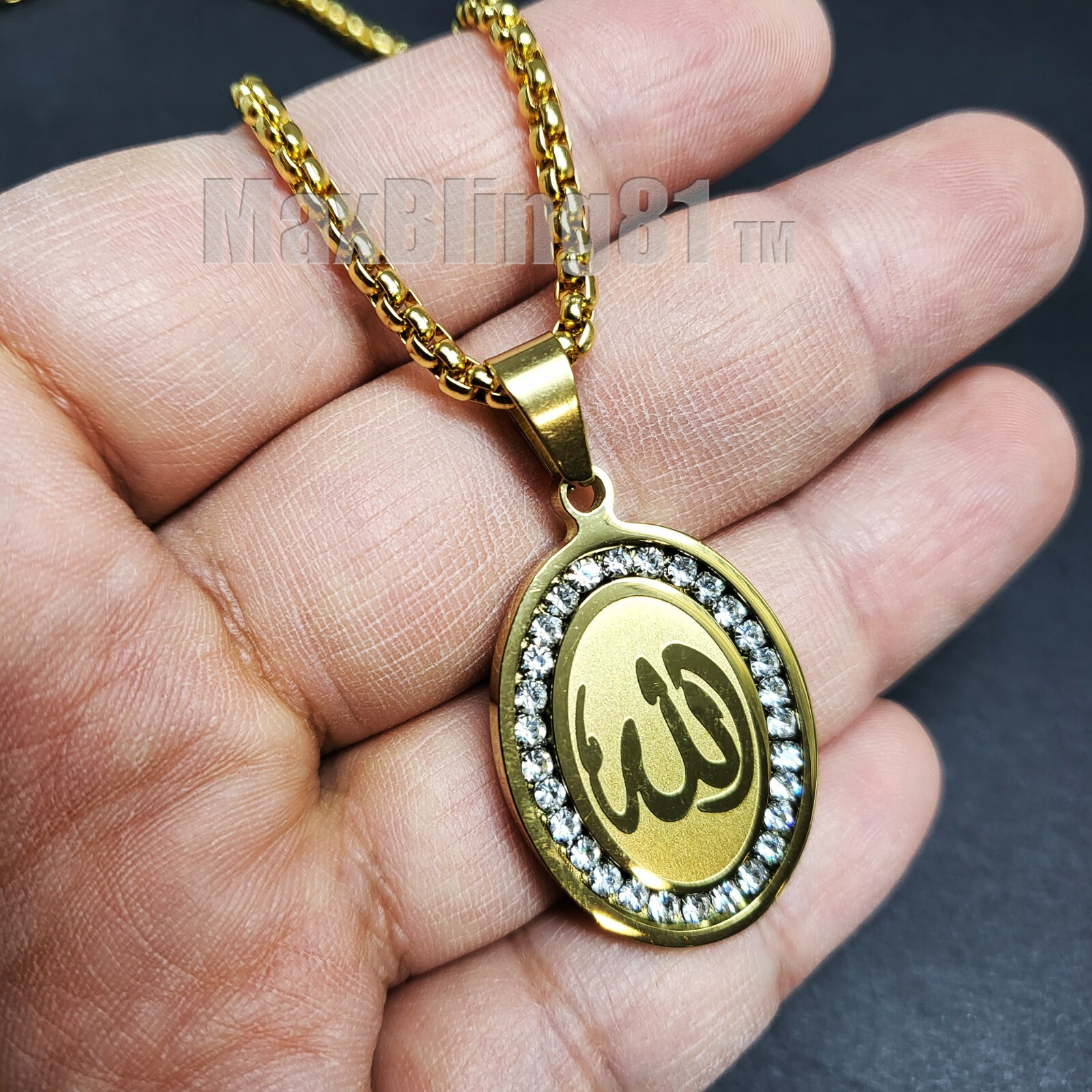 Stainless Steel Oval Allah muslim CZ Pendant & 4mm 24″ Round Box Chain Necklace