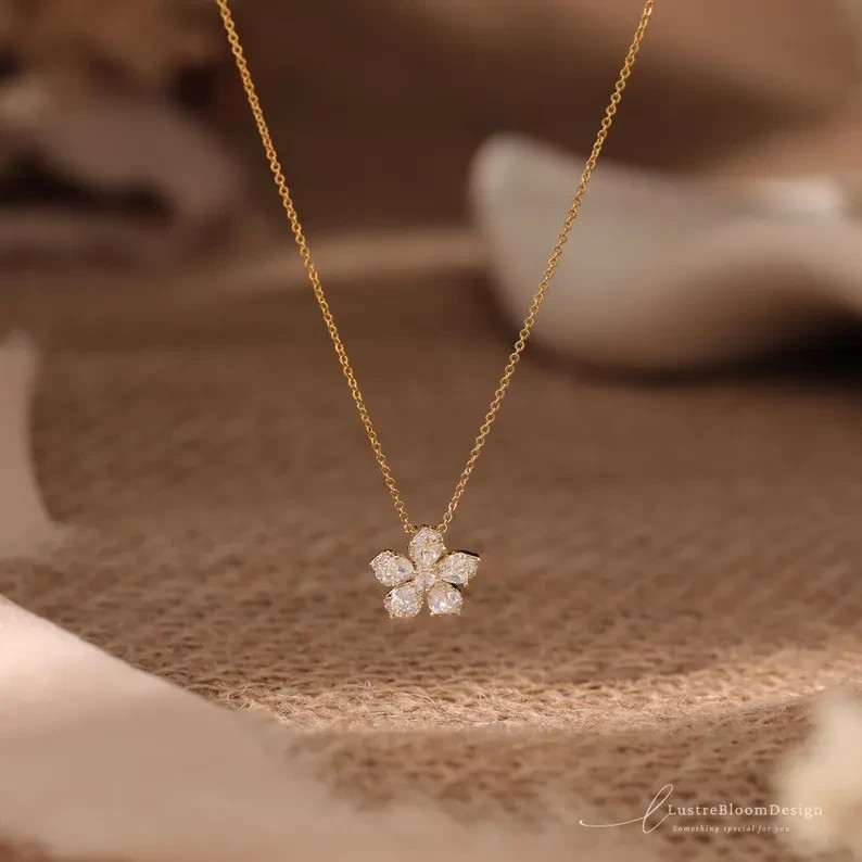 Flower Pendant Necklace Round Cut Simulated Diamond In 14k Yellow Gold Plated
