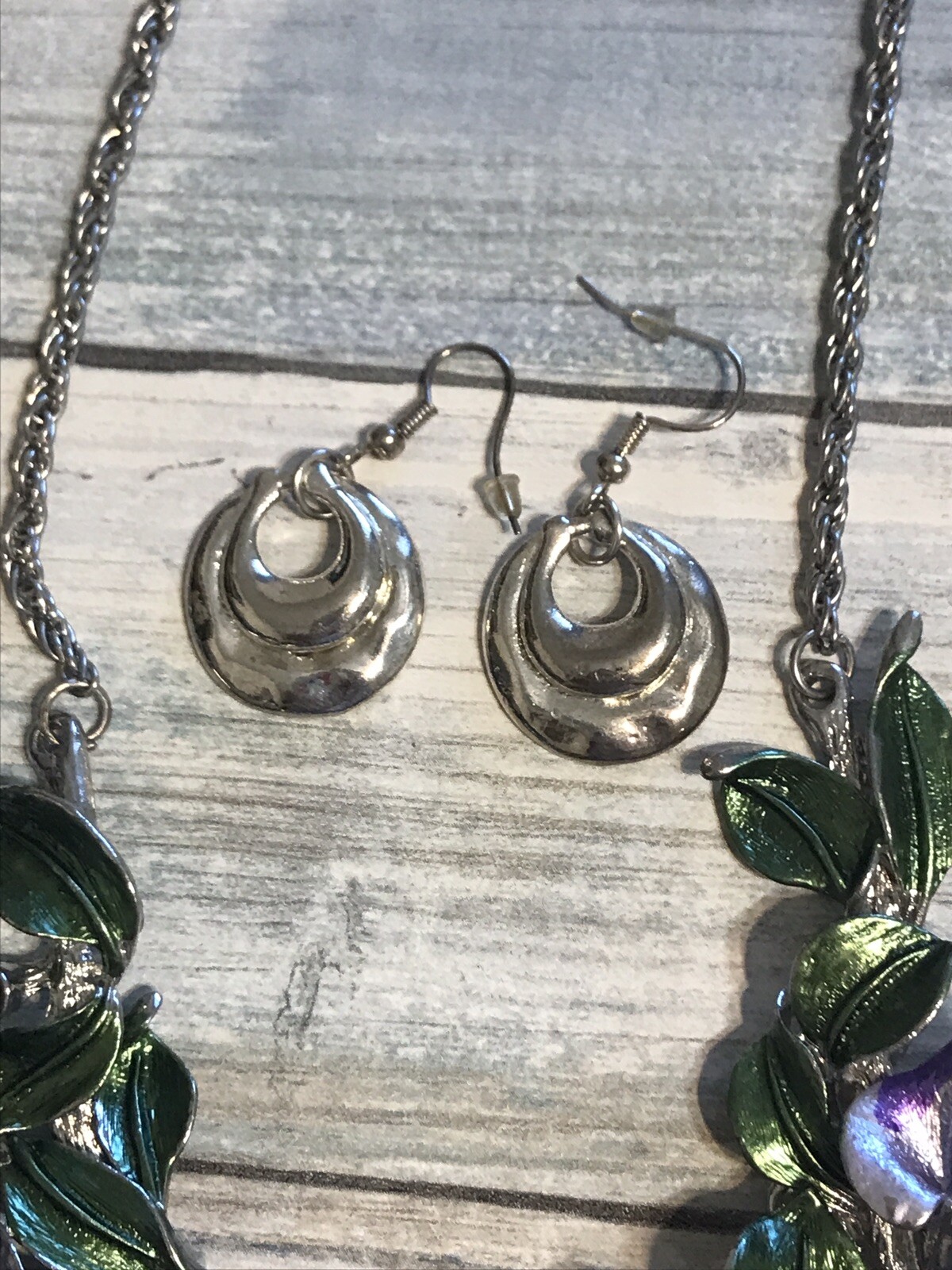 Lot Necklaces Earrings Silver Tone Chain Black Pendant Flowers Purple Set