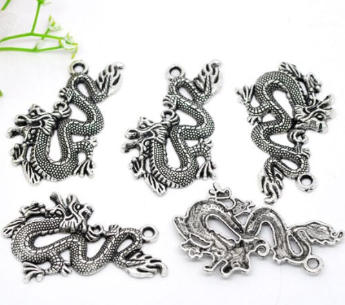 Silver Tone Dragon Charm Pendant for Necklace 52mm X 32mm