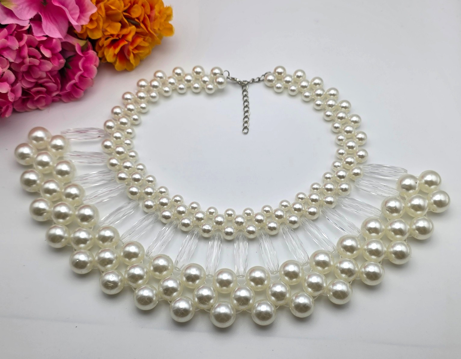 White Faux Pearl Clear Acrylic Waterfall Bib Statement Necklace 19 In