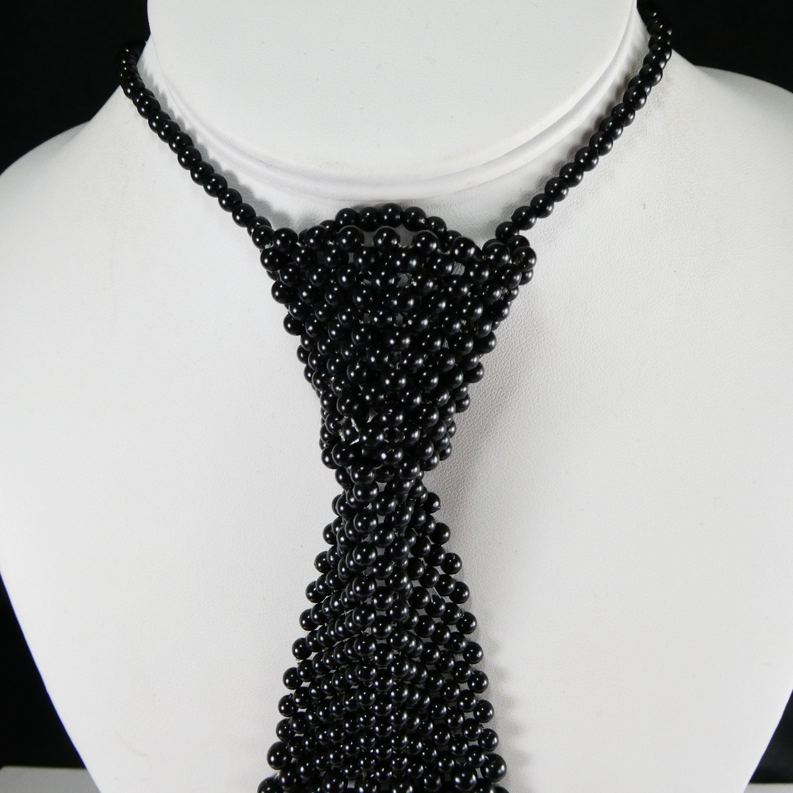 Black Beaded Tie Shaped Fashion Necklace Hook Clasp Collar Choker Long TIE 12″