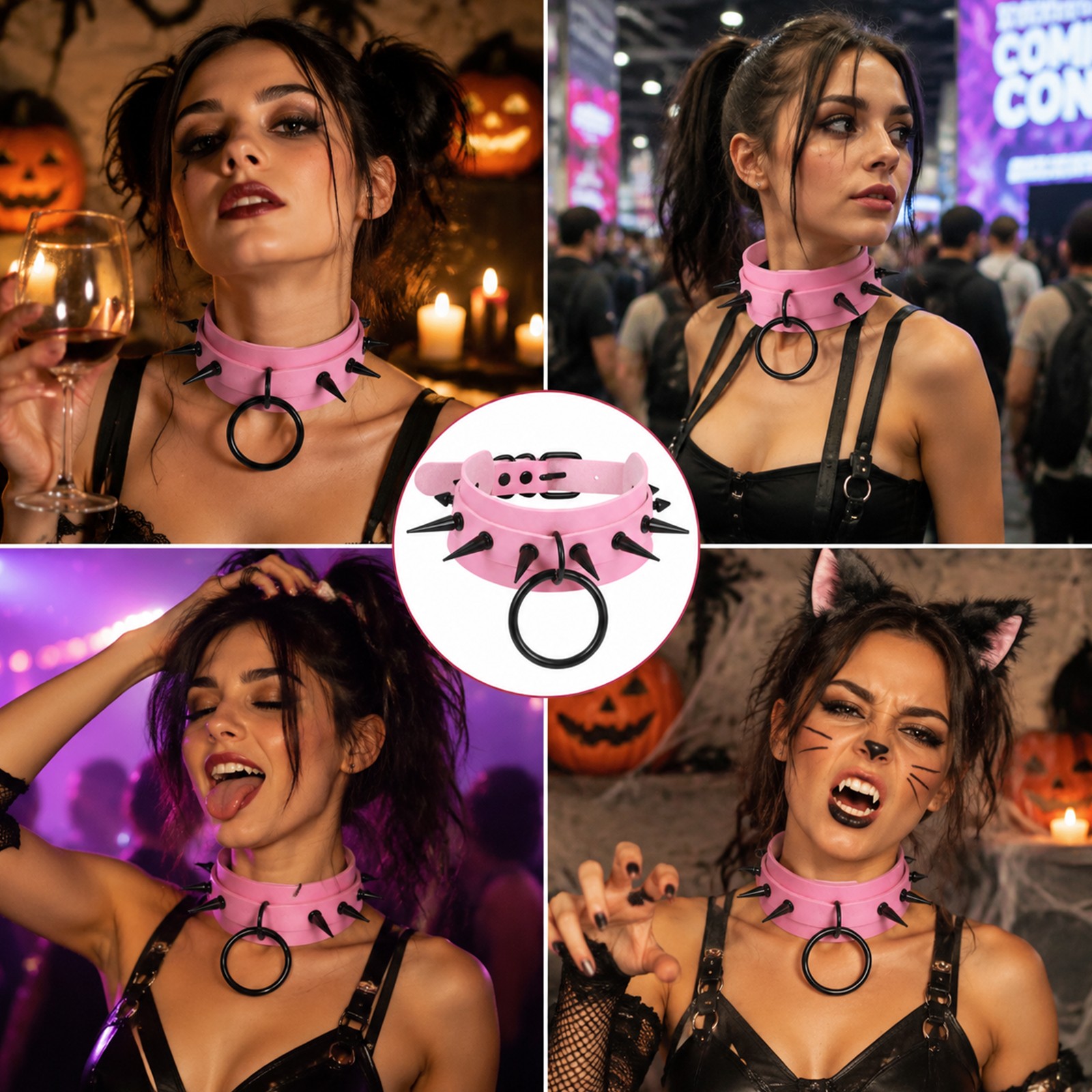 Punk Rocker PU Leather Spike Studded Choker Necklace for Women Adjustable Collar