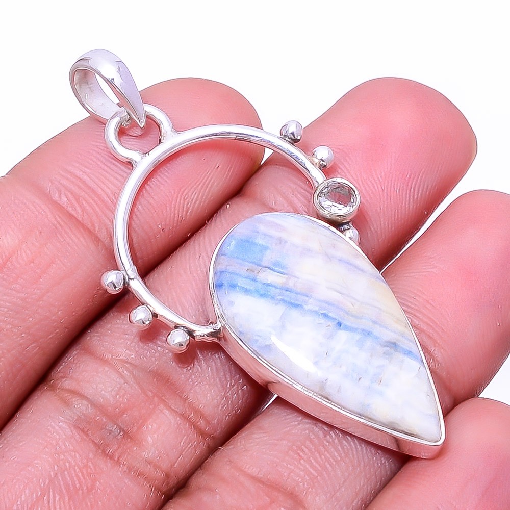 Blue Scheelite – Turkey & White Topaz 925 Sterling Silver Pendant 2.03″ P35