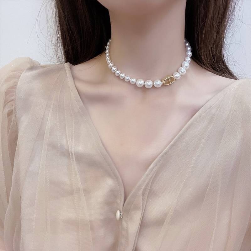 Necklace Earrings Bracelet Faux Pearl Silver Gold Chain Woman CD Pendant Strand