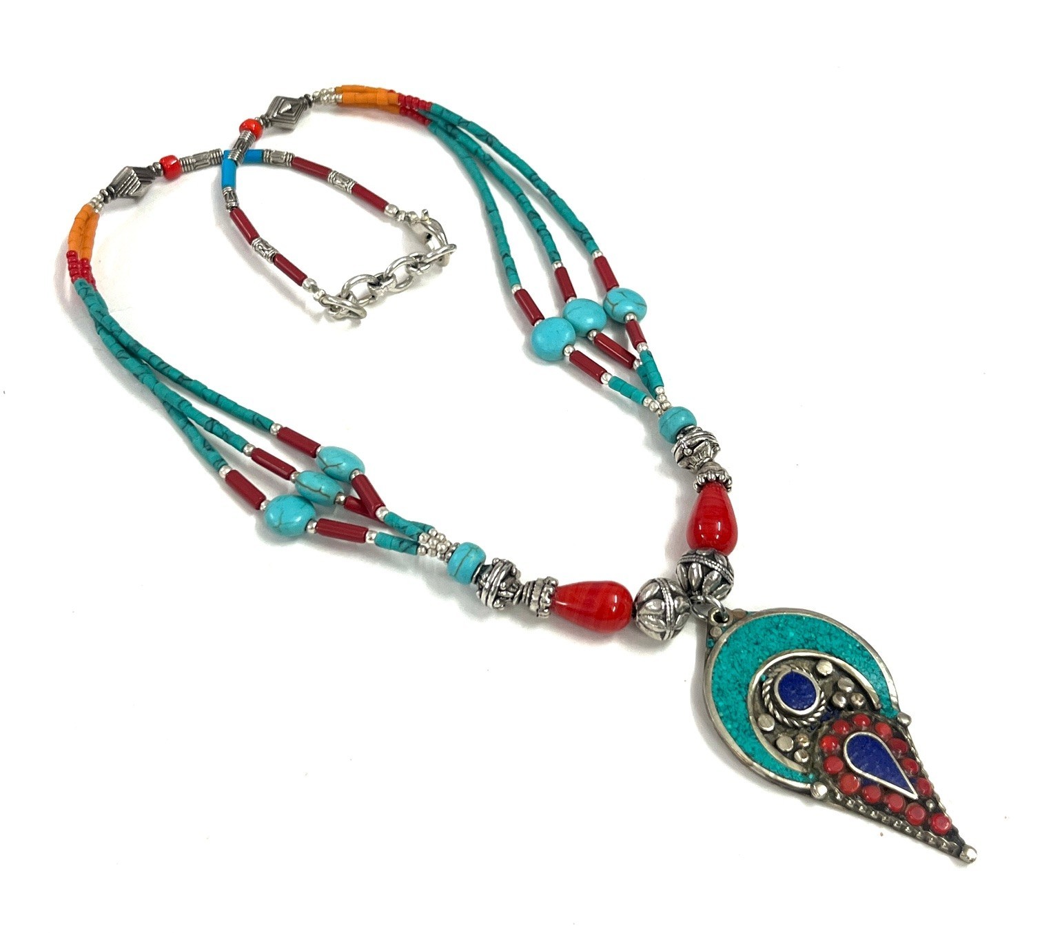 Antique Turquoise Coral Gemstone Tibetan Boho Necklace Jewelry, 17 inch Adjus