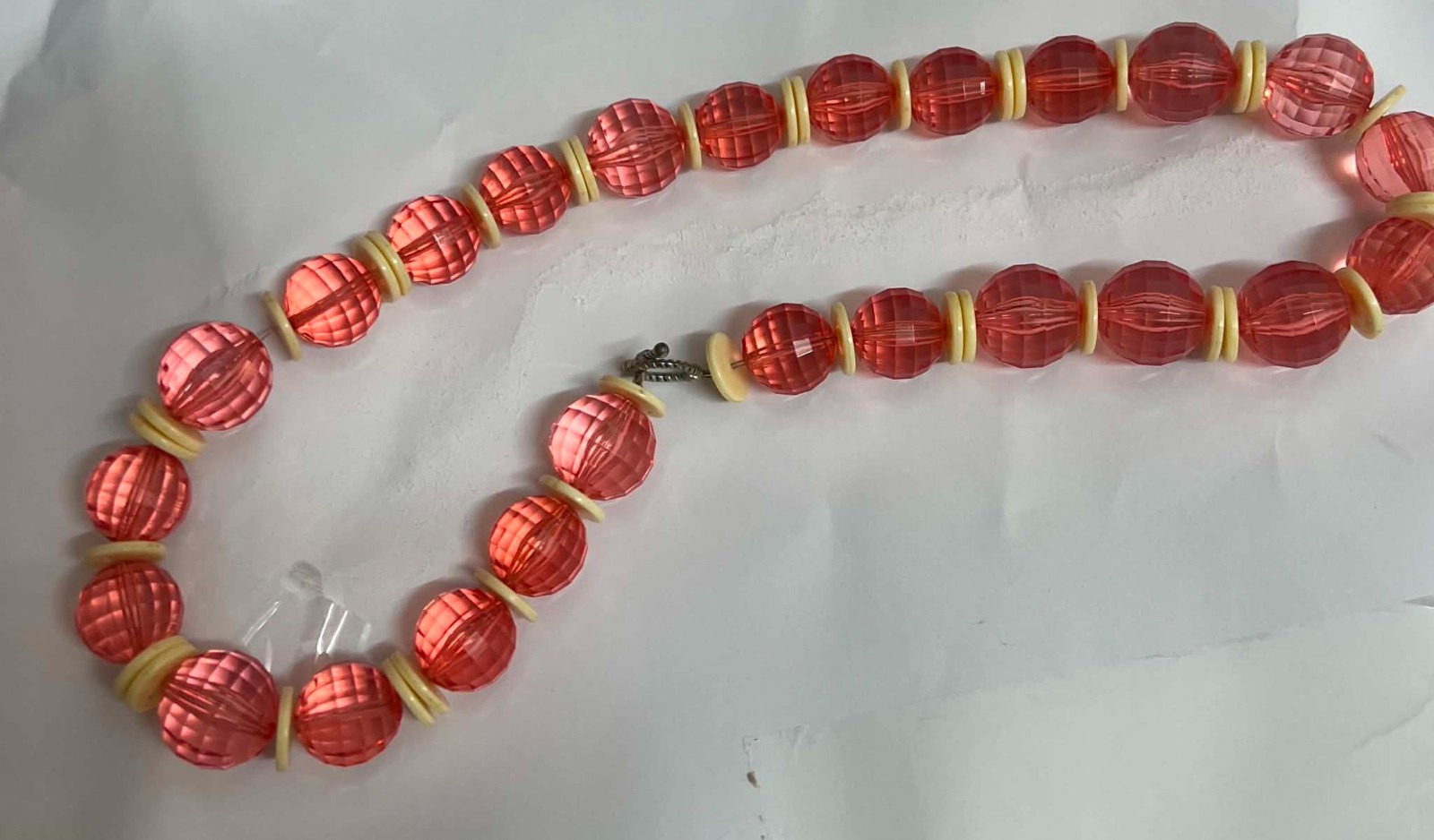 Vintage Style Faceted Pink Bead Necklace with Cream Spacer Discs, Costume Jewelr