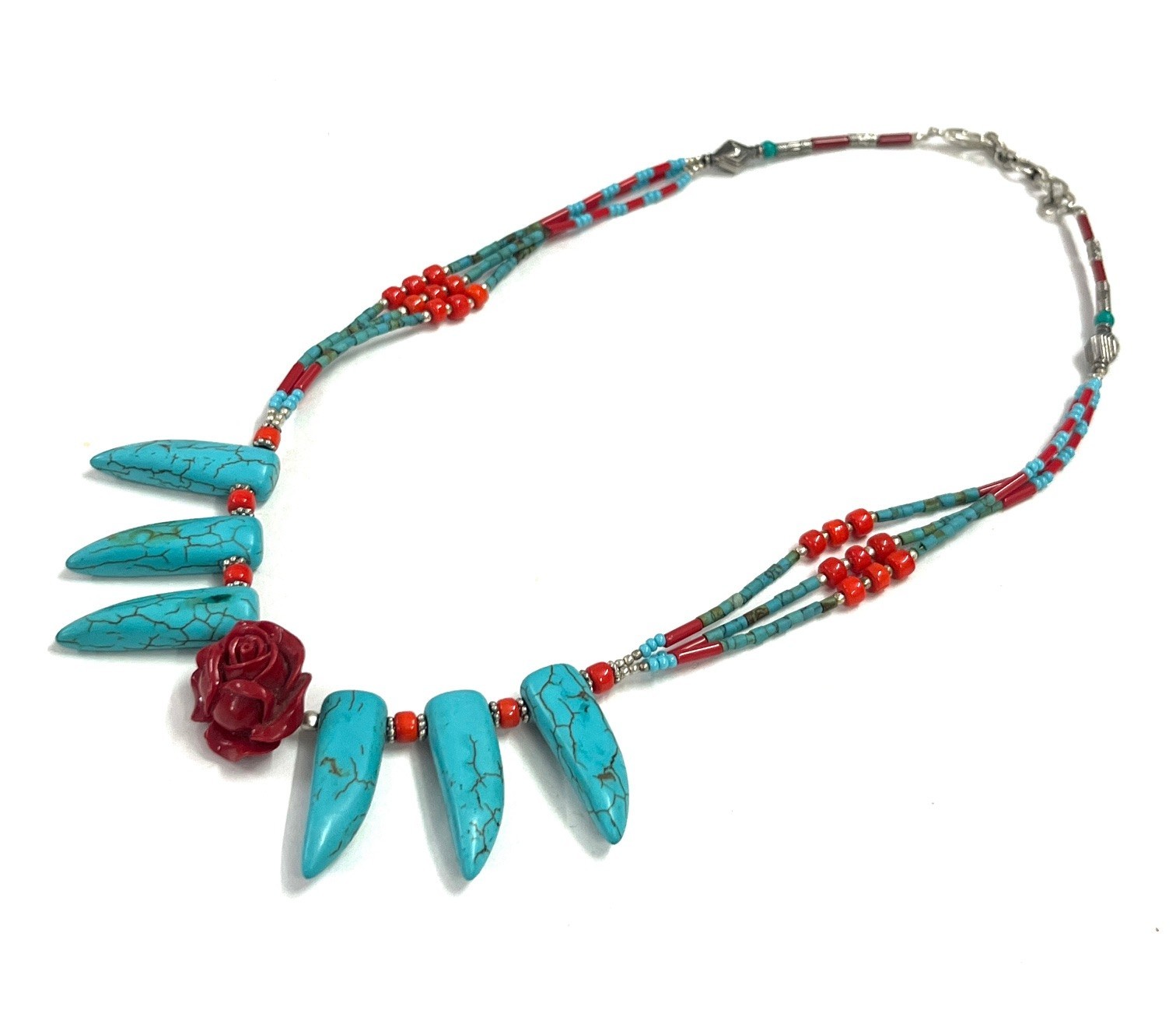 Coral Turquoise Gemstone Tibetan Tradional Necklace Jewelry, 18 inch Adju