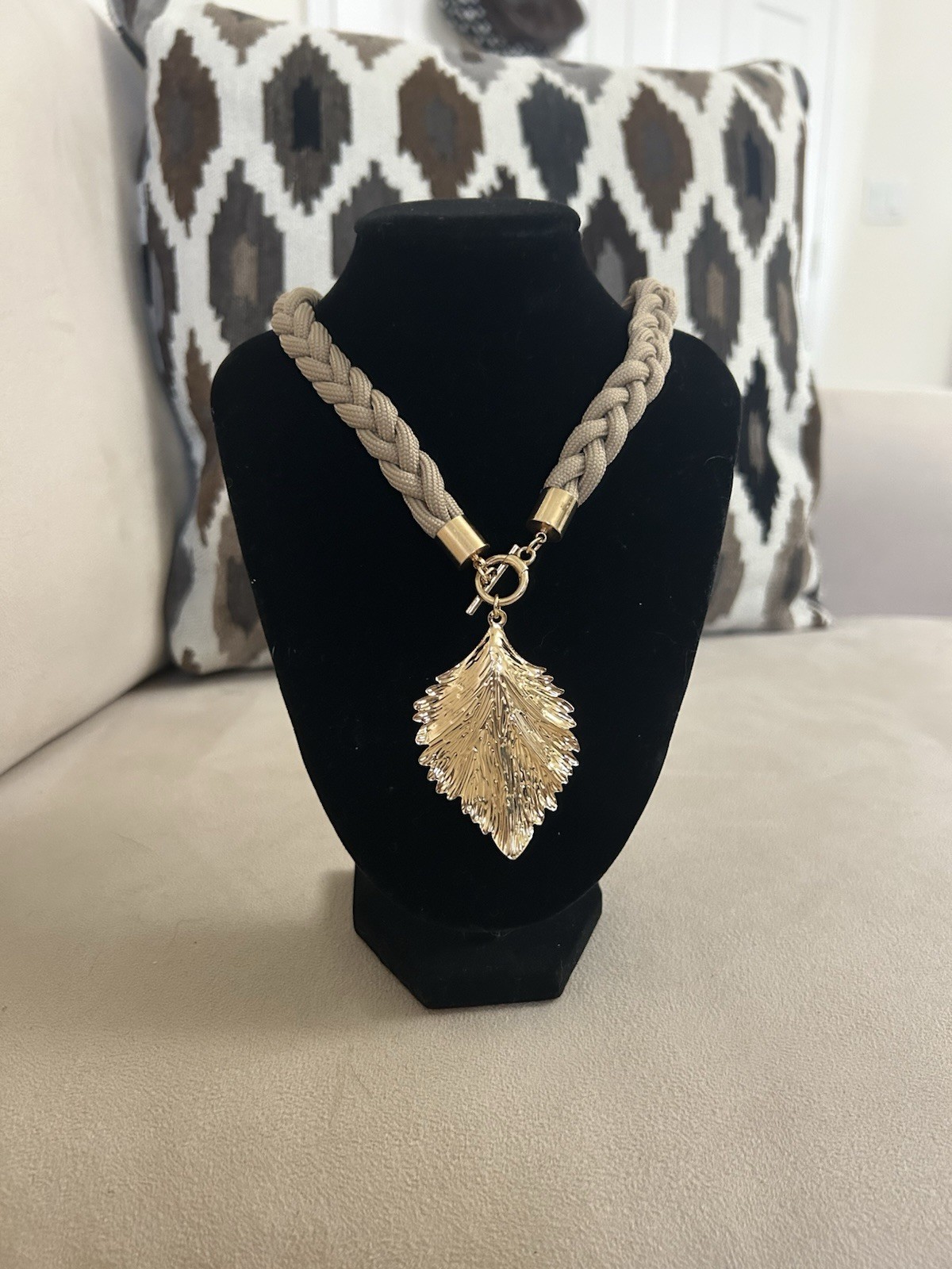 Braided Faux Leather Necklace Gold Tone Leaf Charm Pendant Toggle Nature