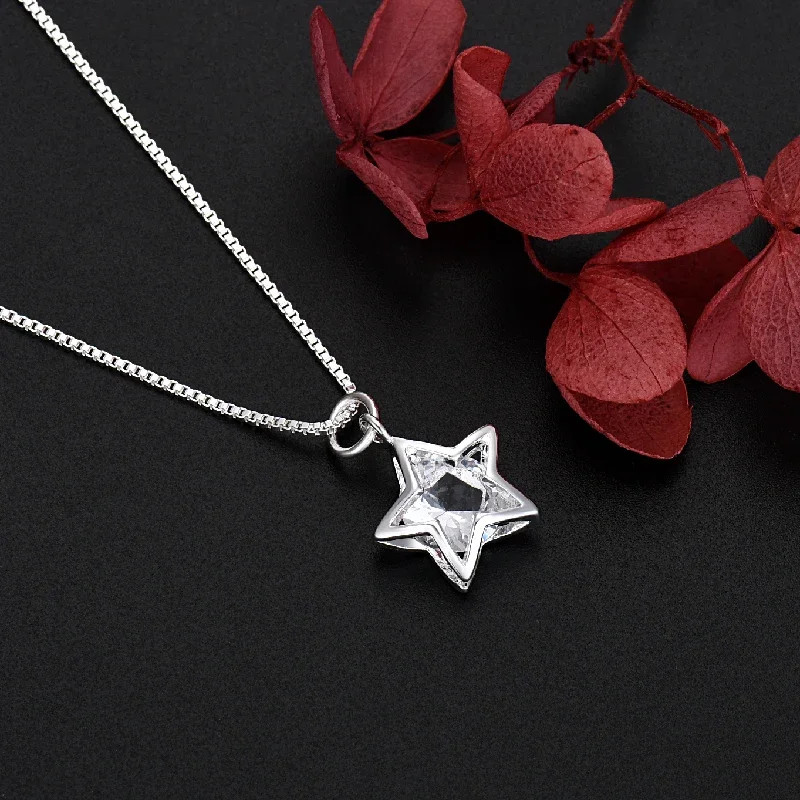 New korean fashion 925 Sterling Silver pretty Shining Crystal Star necklace for