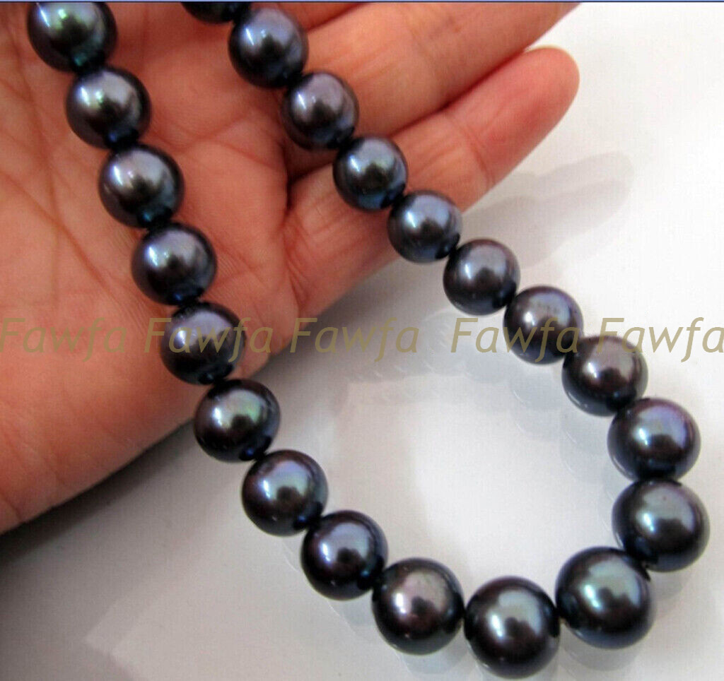 9-10MM TAHITIAN NATURAL PERFECT ROUND BLACK PEARL NECKLACE 14-36 INCH