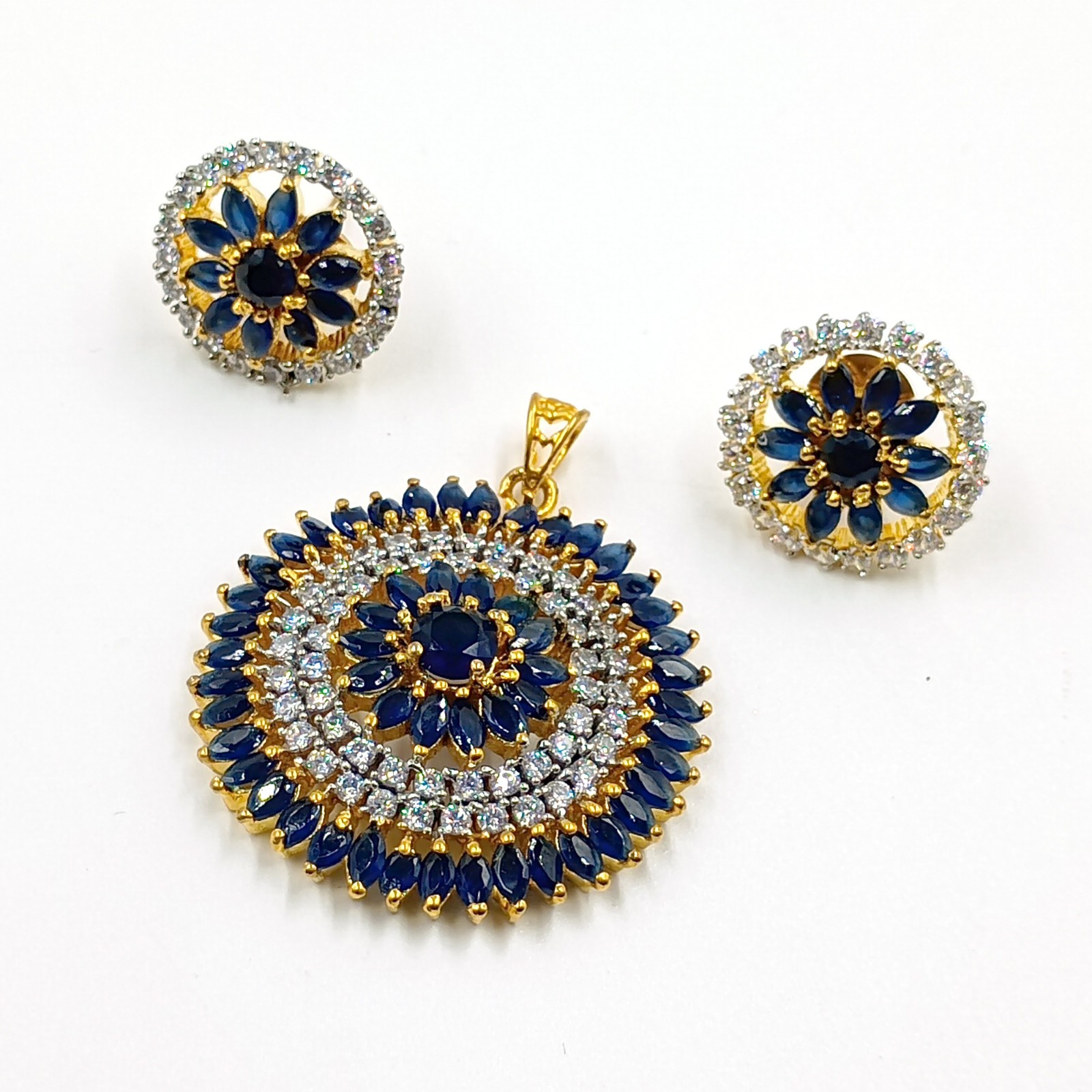 Traditional 22k Gold Plated Sapphire CZ Diamond Bridal Pendant Set Wedding Jewel