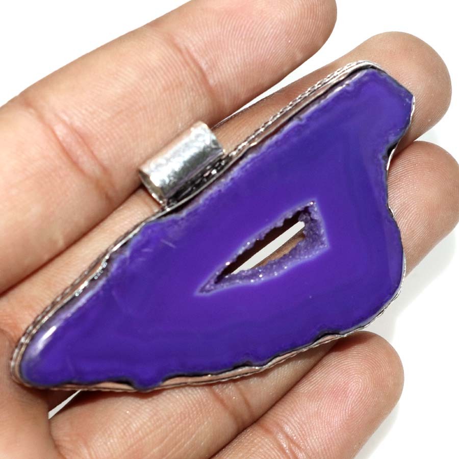 925 Silver Plated Massive Purple Botswana Druzy Slice Pendant 78X32mm Trendy GW