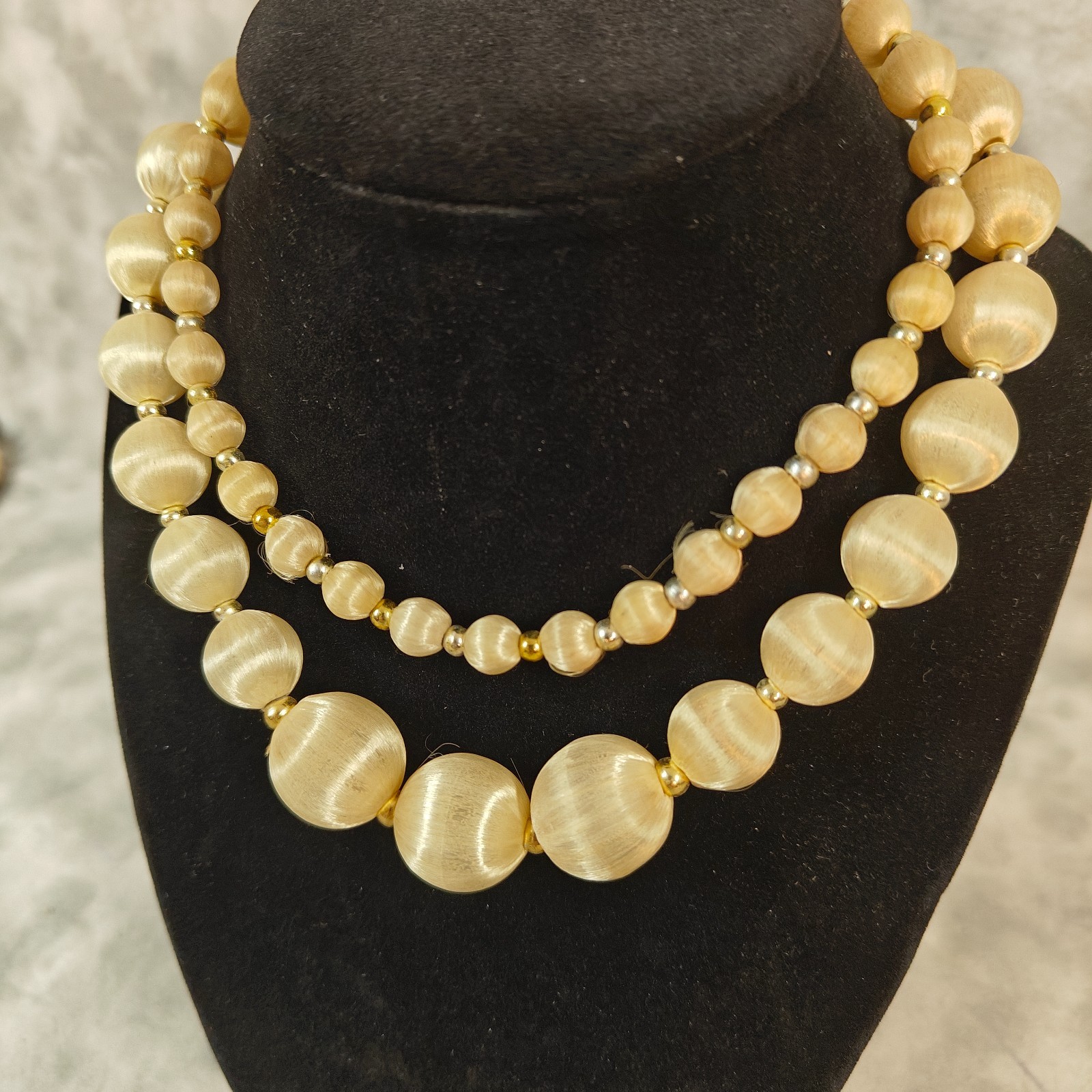 1950s Pale Champagne Satin Silk Wrapped Bead Necklace 30″ Strand Vintage Jewelry