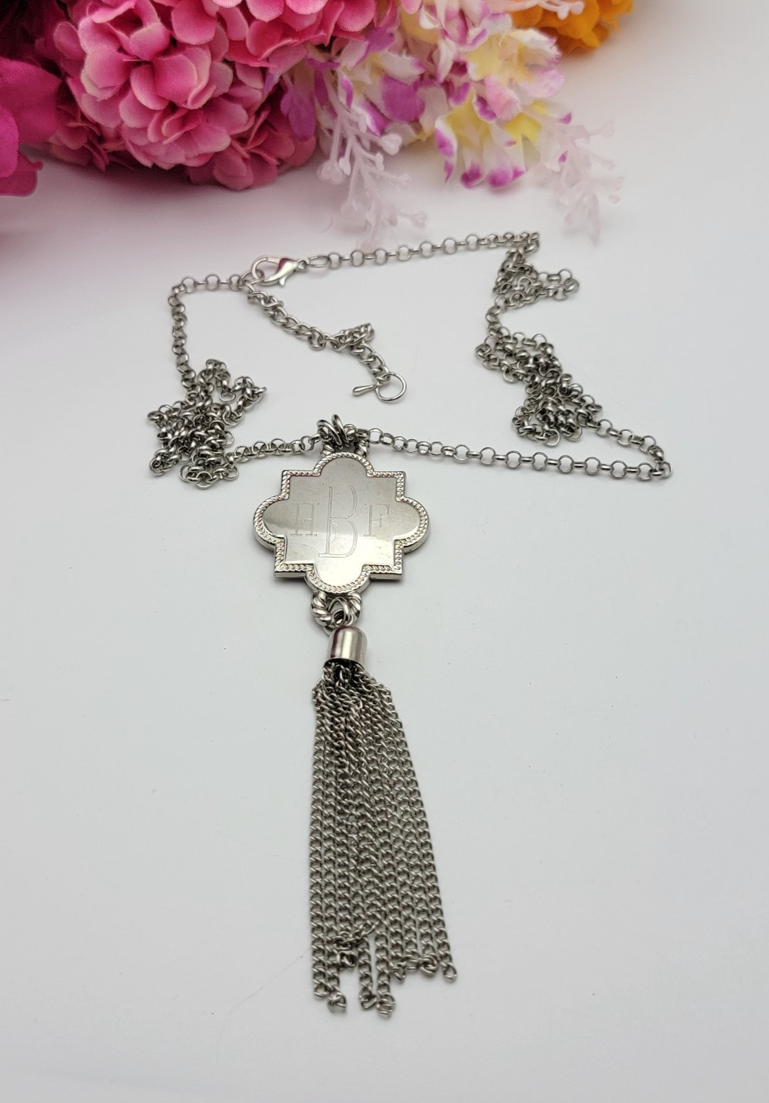 Initials HBF Engraved Quatrefoil Tassel Necklace Silver Tone 35” Adjustable