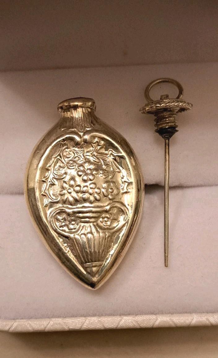 Antique Sterling Silver Perfume Bottle Necklace Floral Motif with Silver Chain