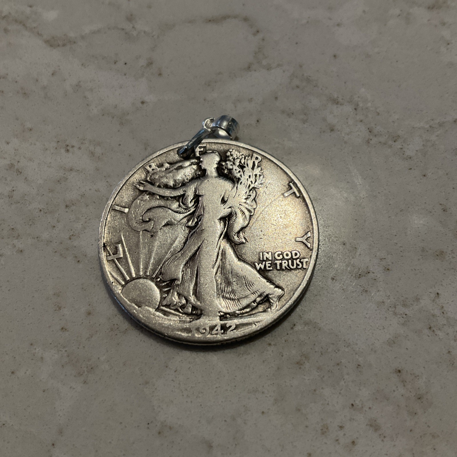 ANTIQUE COIN 90% SILVER WALKING LIBERTY HALF DOLLAR PENDANT