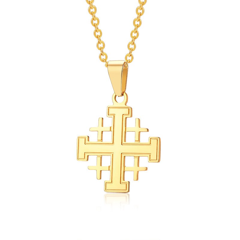 Gold Christianity Jerusalem Cross Pendant Necklace Stainless Steel Chain Classic