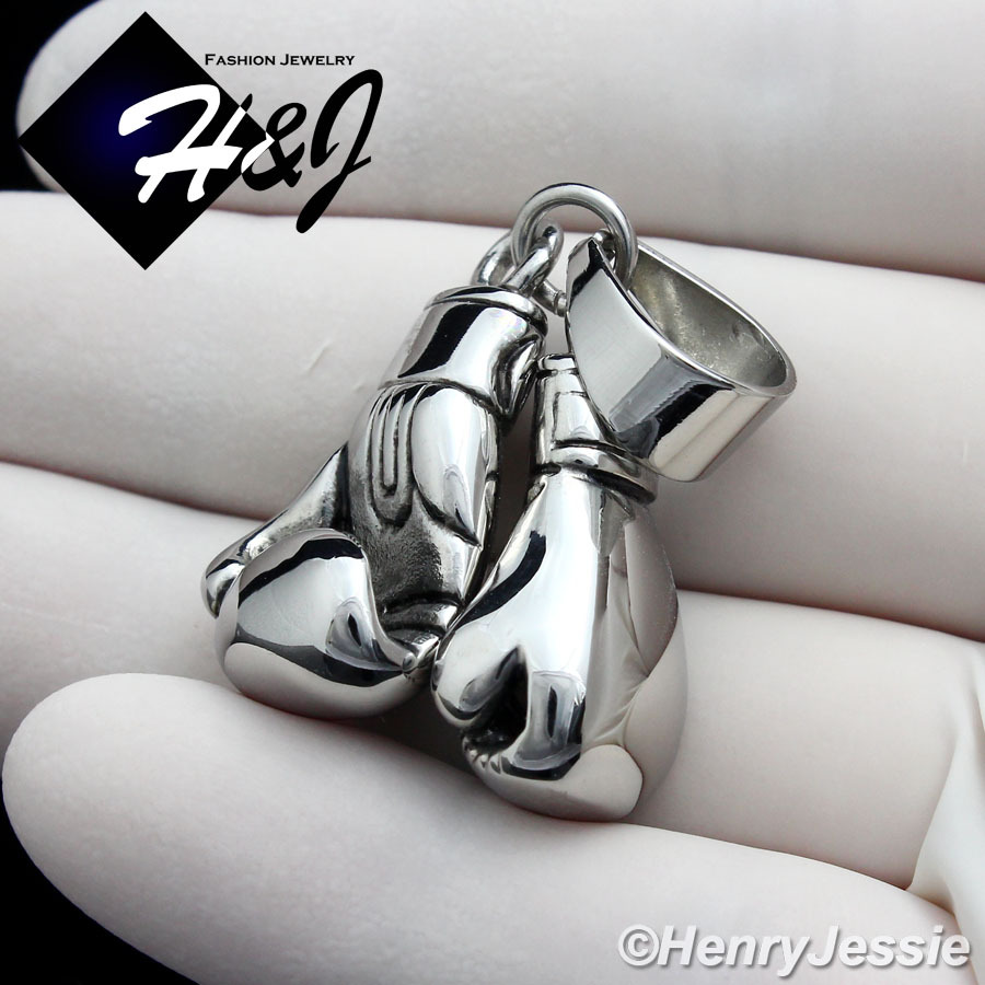 24″Stainless Steel 5mm Silver Cuban Chain Black Plated Boxing Glove Pendant*P87