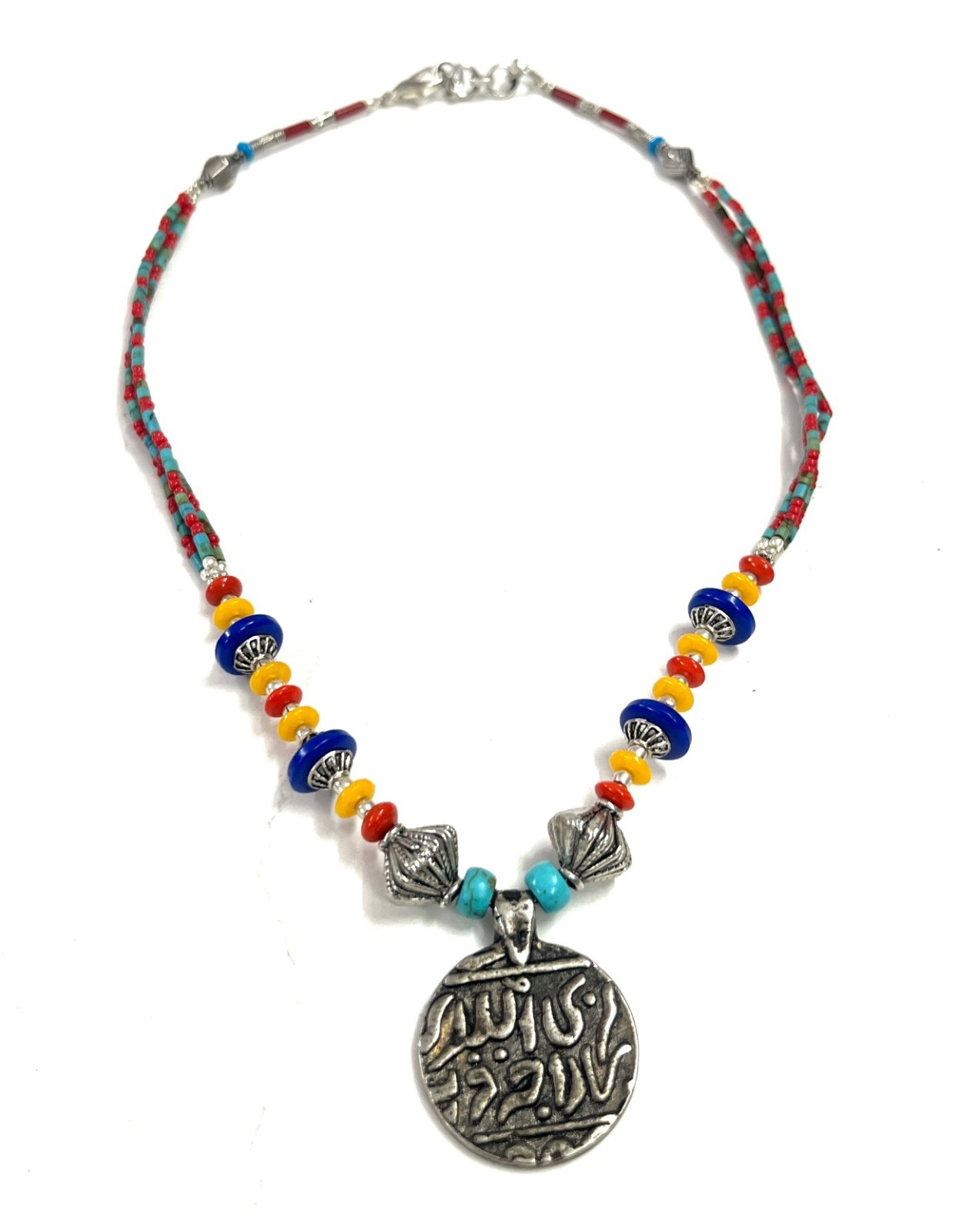 Turquoise Lapis Coral Gemstone Tibetan Antique Necklace Jewelry, 18 Inc Adjs