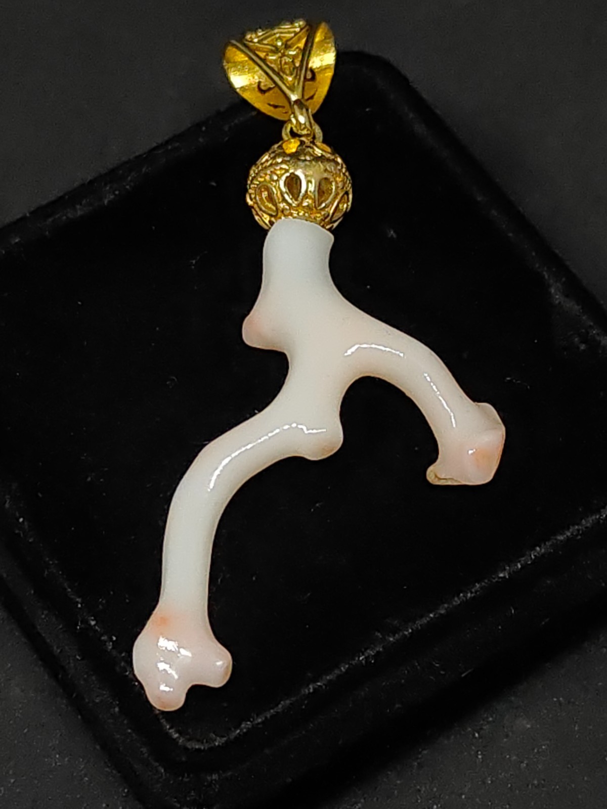 Pink White Japanese Coral Branch Pendant -Smooth Polished Gold Tone Brass