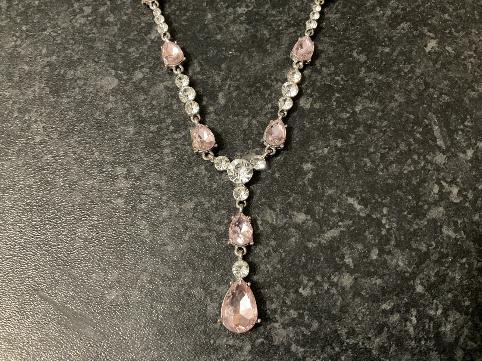 Preloved Y drop Necklace, Pink white crystal beads, silver tone 46cm + Extn