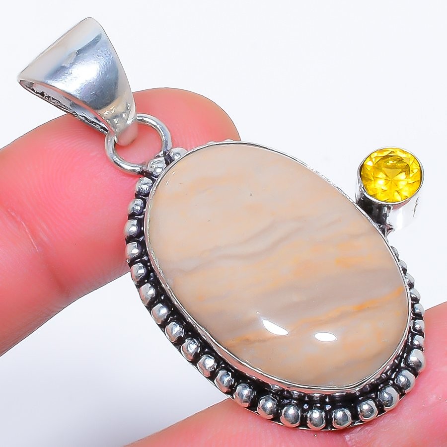 Natural Wave Jasper & Citrine 925 Silver Plated Jewelry Pendant 2.0″ F2562