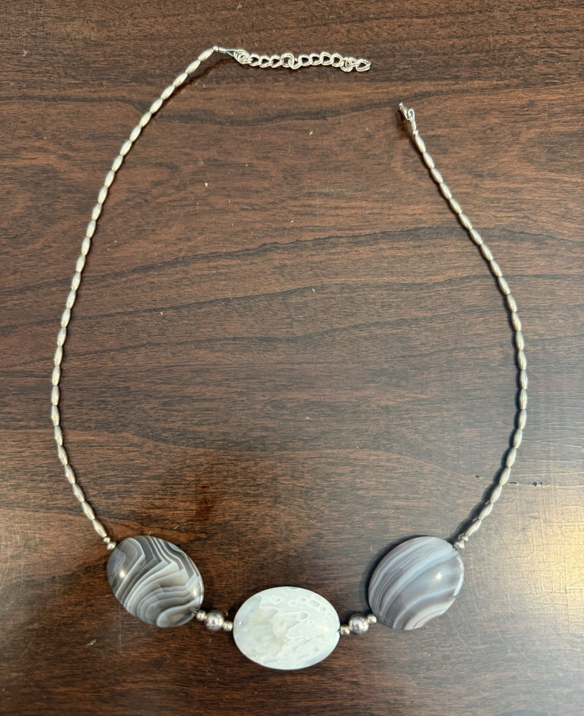 Gray & White Agate Beaded Necklace, Oval Beads, Adjustable, Lobster Clasp