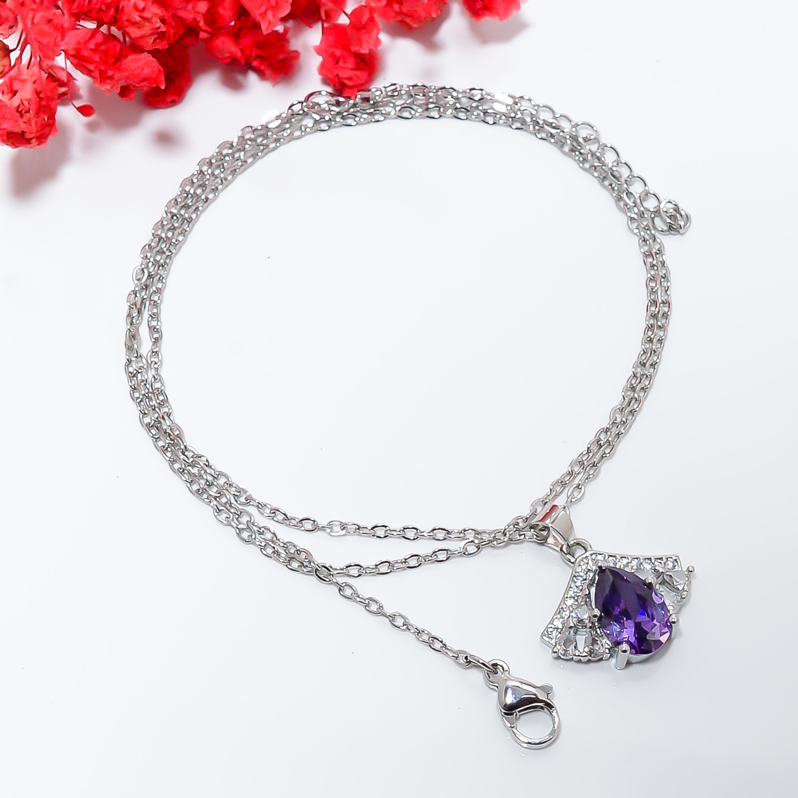 Purple Amethyst & Cz 925 Sterling Silver Pendant With Chain 18-20″ CP14575