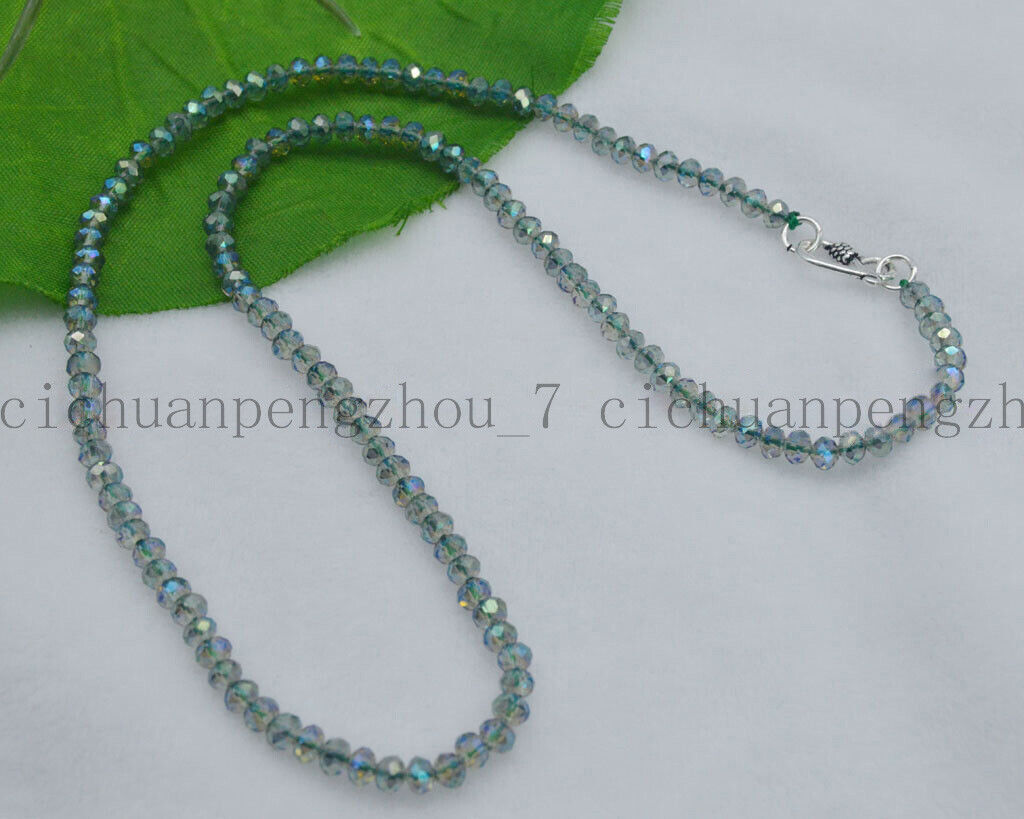 3x4mm Green AB Crystal Faceted Rondelle Gems Beads Necklace Silver Clasp 14-48”