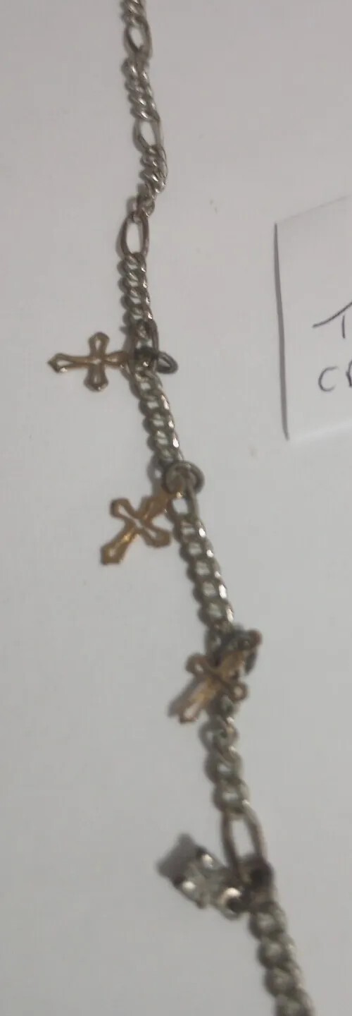 SAO Silver/Gold Tone Small Dangling Crosses And Colorless Stoned 16″necklacr