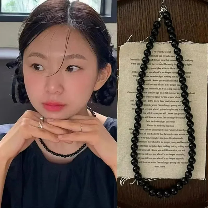 Fashion Punk Smooth Black Round Beads String Necklace for Women Men Unisex