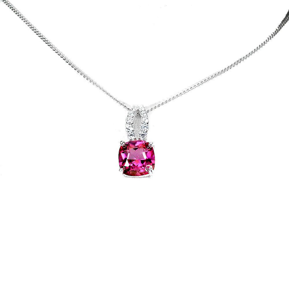 Surface Coated Cushion Pink Topaz 7mm Simulated Cz 925 Sterling Silver Necklace