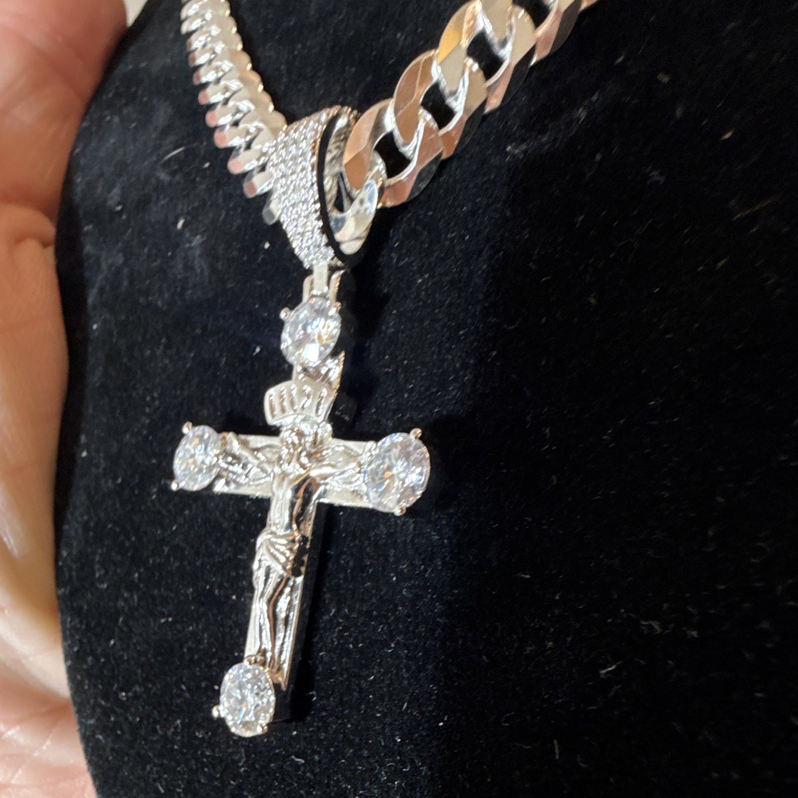 7mm 24in SOLID 925 (41g) Cuban Link Chain w Moissanite Jesus Cross Pendant 4CTW