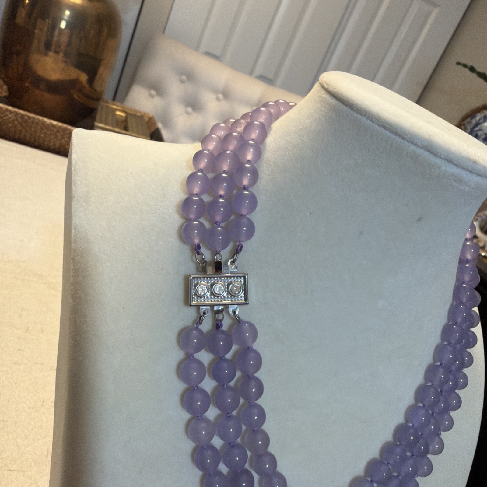 Vintage 3Row 8mm purple chalcedony jades necklace 17-19”