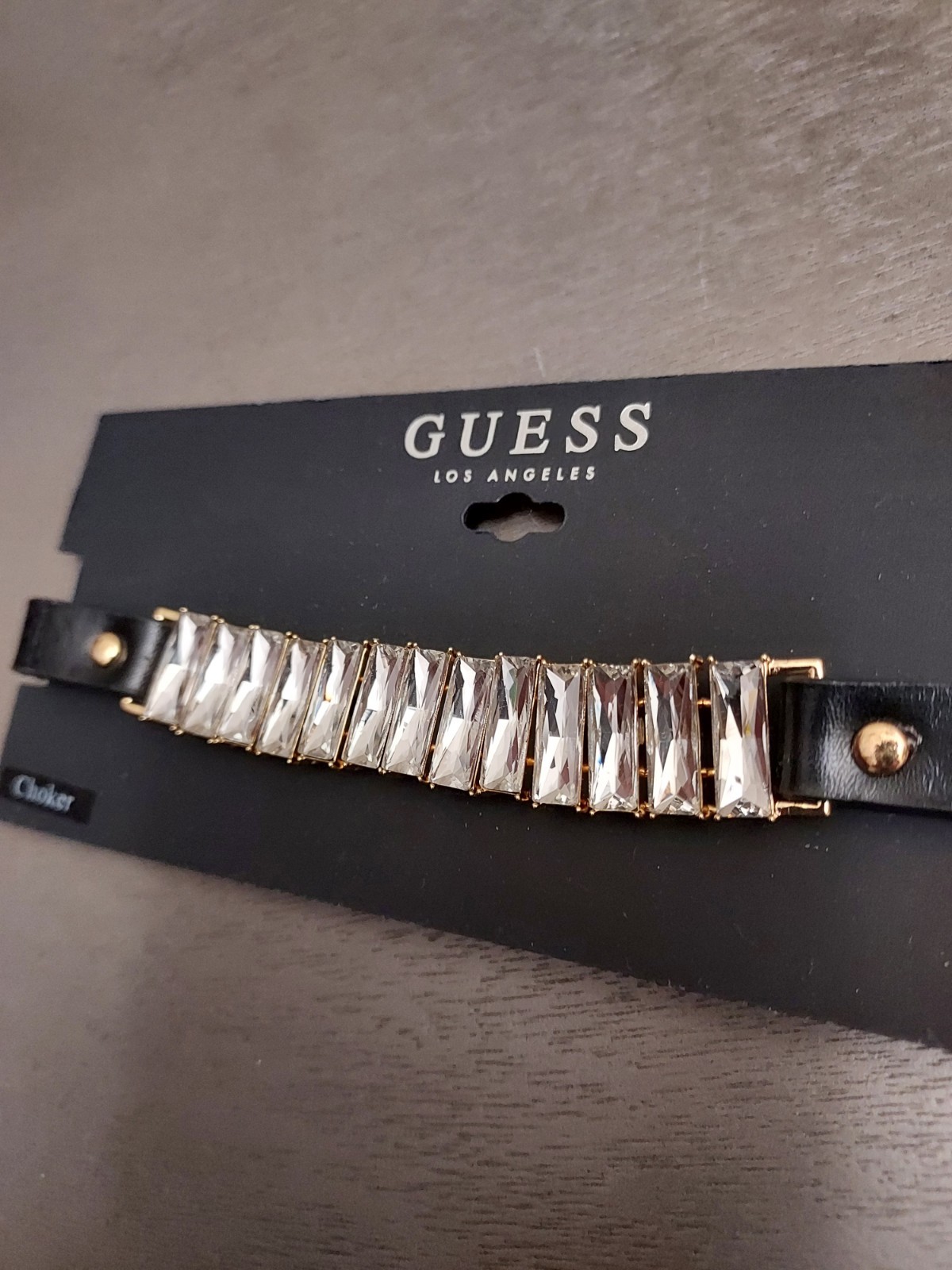 GUESS Rhinestone Choker Black Faux Leather Necklace .