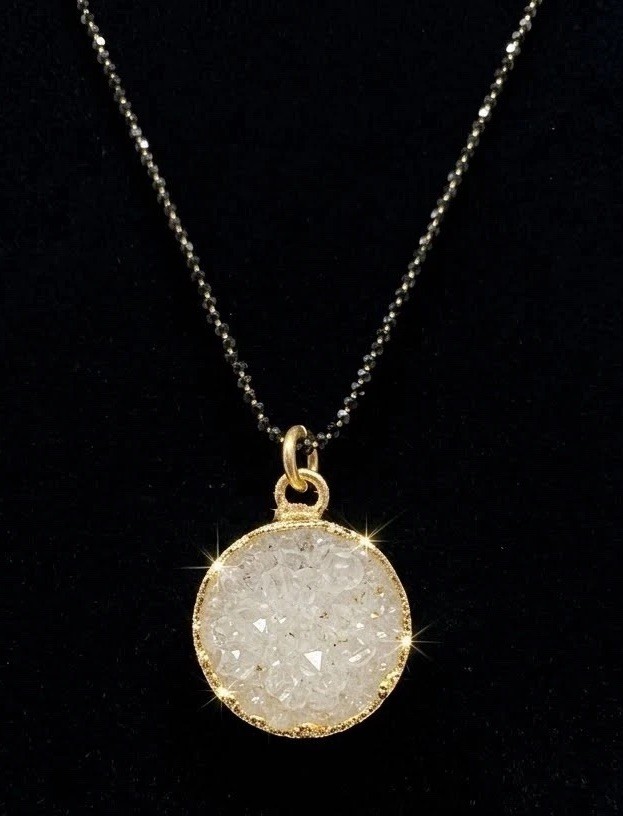 White Druzzy Pendant On 18” Black Rhodium Diamond Cut Sterling Margarita Chain