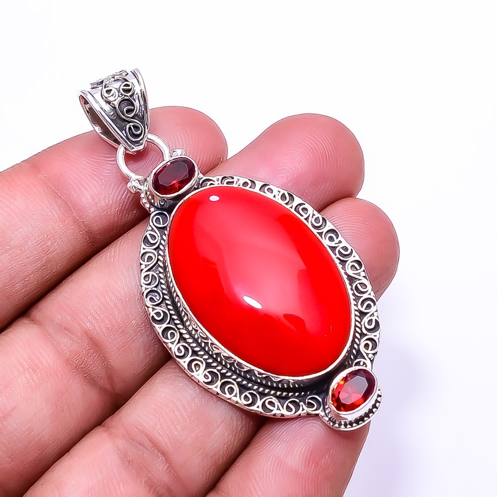 Red Coral & Red Garnet Fine Art Gemstone 925 Sterling Silver Pendant 2.46″ P56