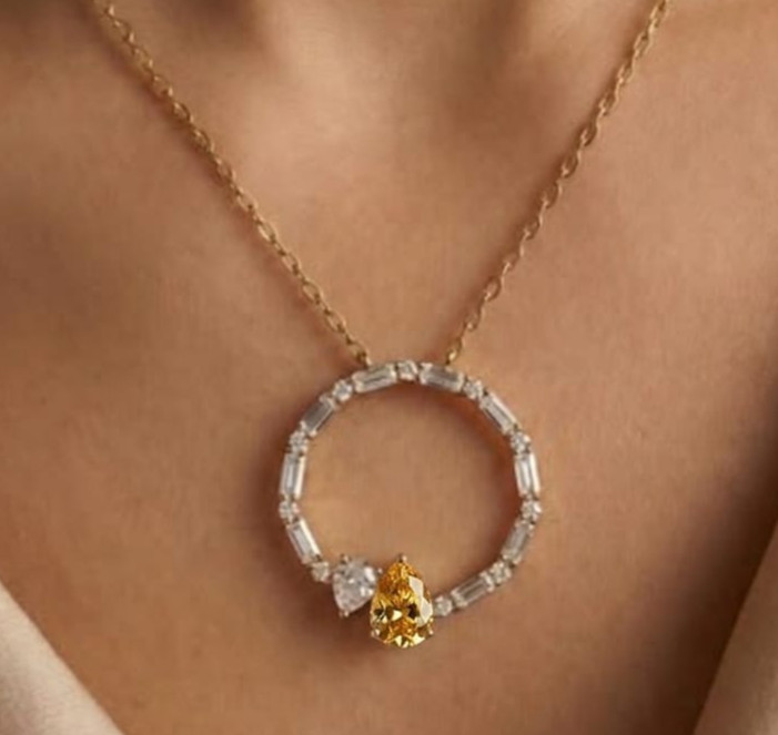 4ct Pear Cut Simulated Yellow Citrine/Diamond Drop Necklace 14k Rose Gold Plated