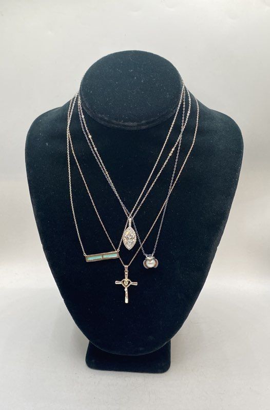 Sterling Silver 925 Necklace Lot 4 Pieces Cross Marquise Pearl Bar 15-18″