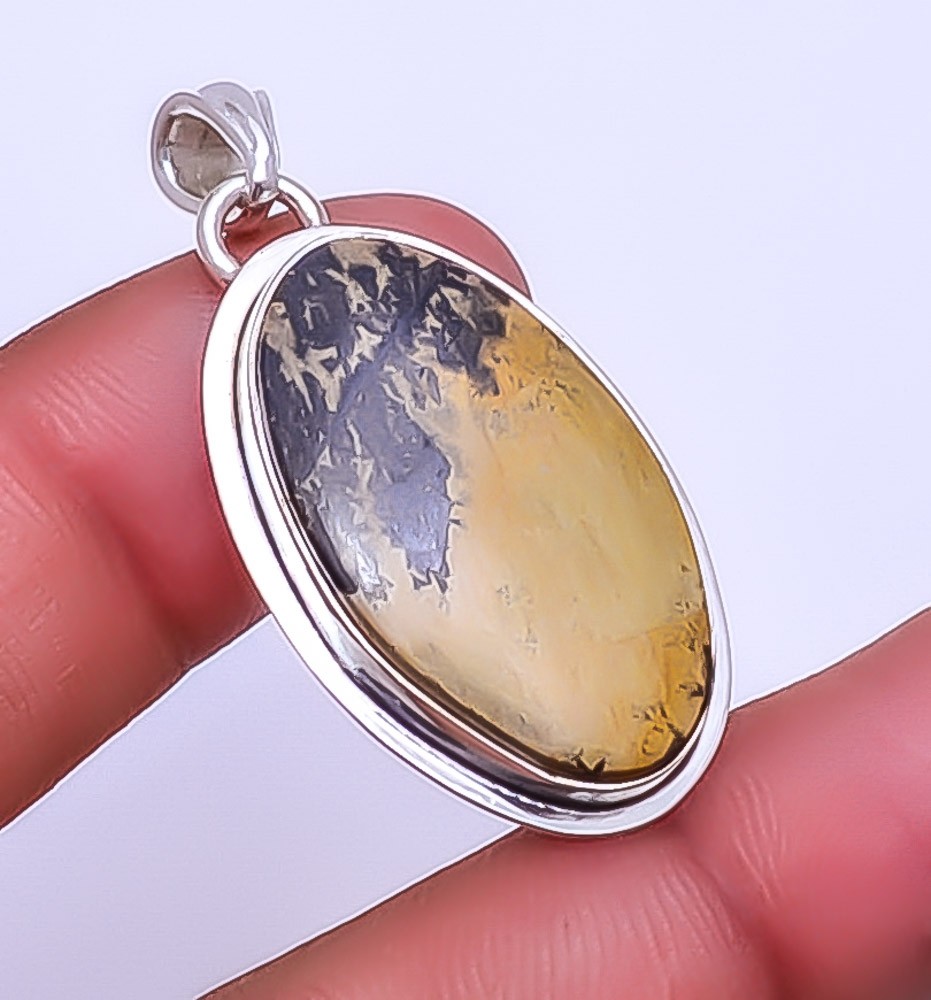 Honey Dendritic Opal – Mexico Gemstone 925 Sterling Silver Pendant 1.83″ P40