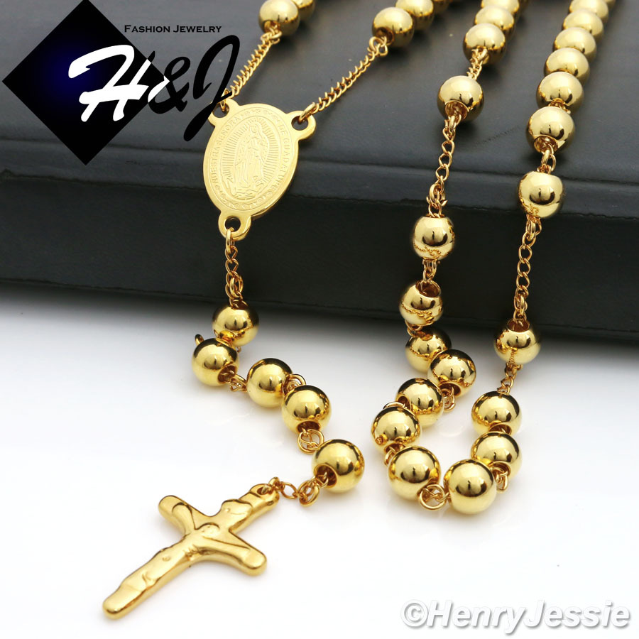 30+5″MEN’s Stainless Steel HEAVY 8mm Gold Plated Beads Cross Rosary Necklace