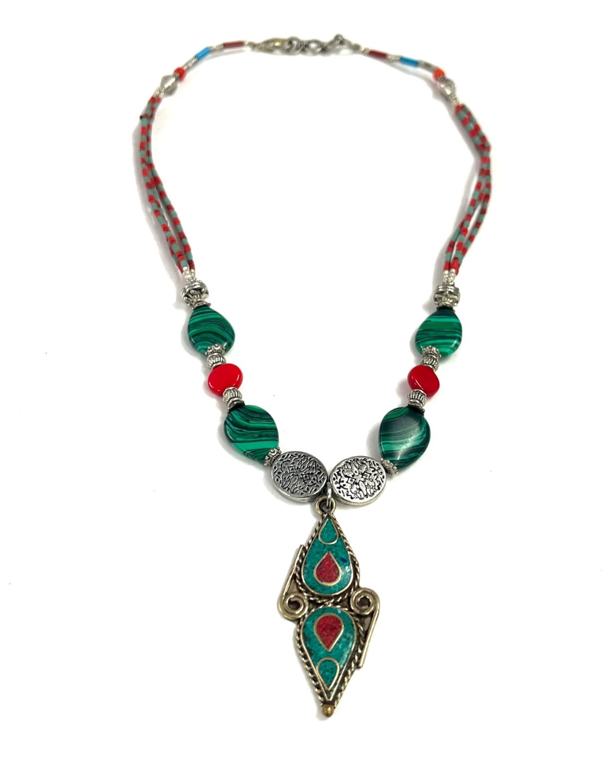 Art Deco Malachite Coral Gemstone Tibetan Necklace Jewelry, 18 Inc Adjs